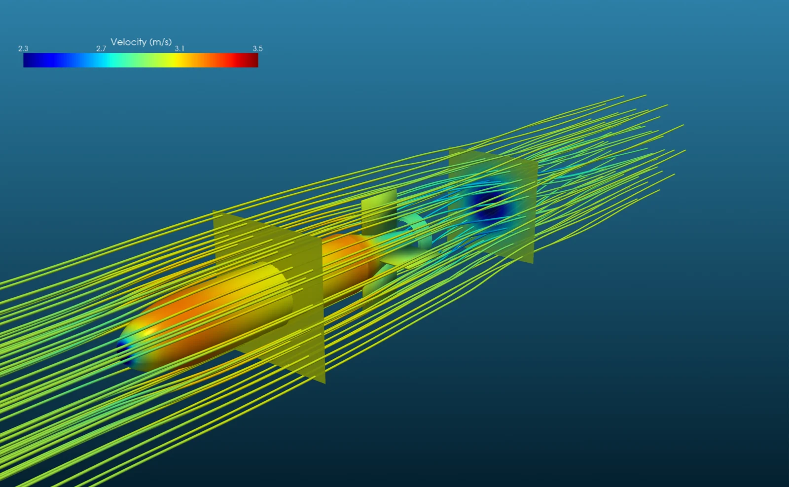 Velocity streamlines and pressure slices around an underwater vehicle