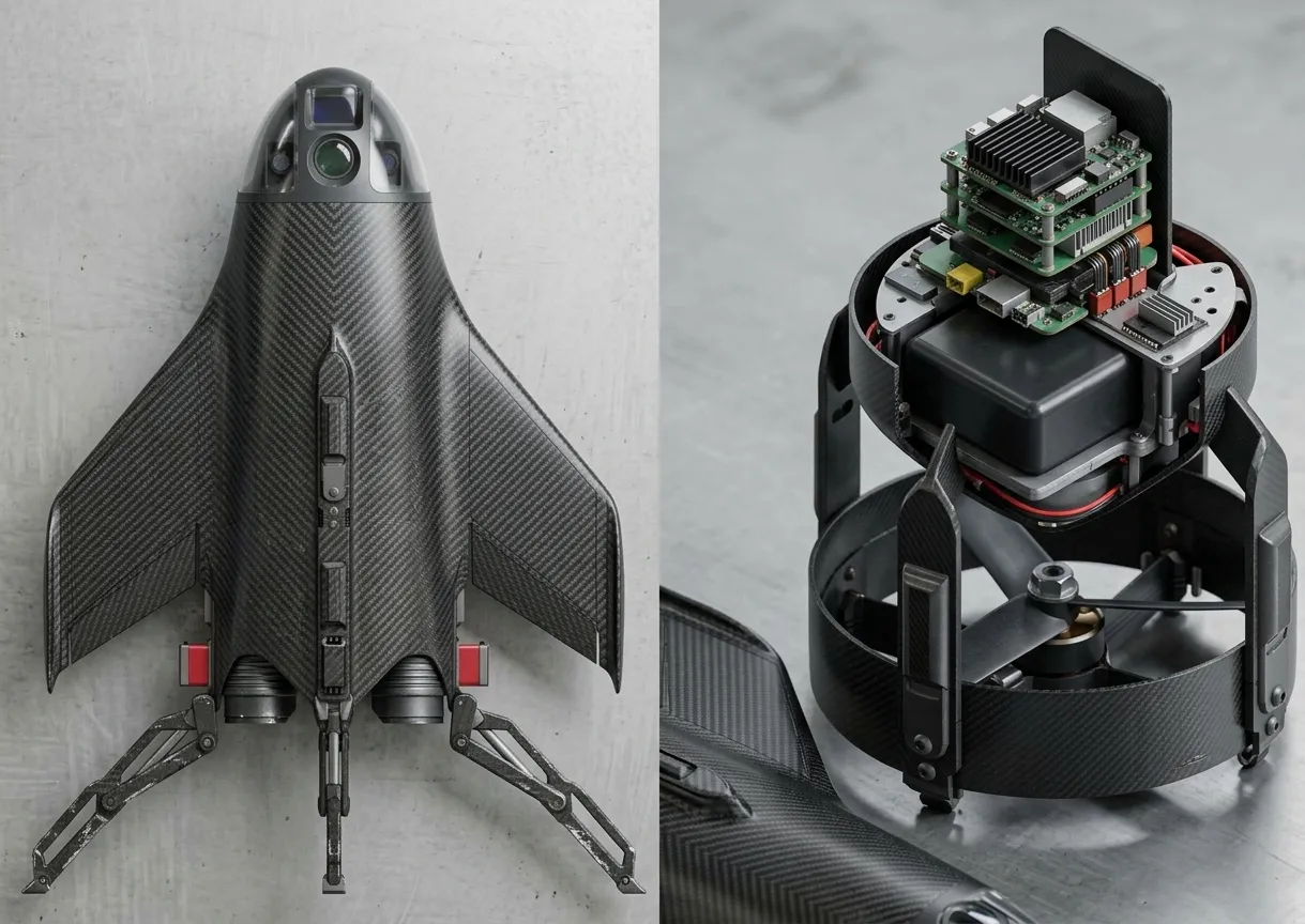 Carbon-fibre blended-wing VTOL drone seen from above, next to its ducted-fan module with stacked flight-computer boards
