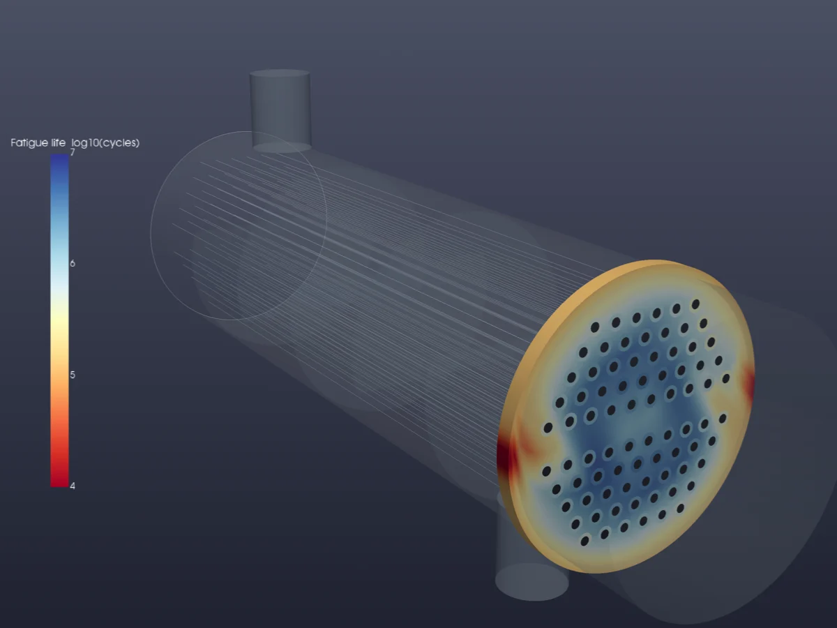 Transparent heat exchanger with tubesheet coloured by fatigue life