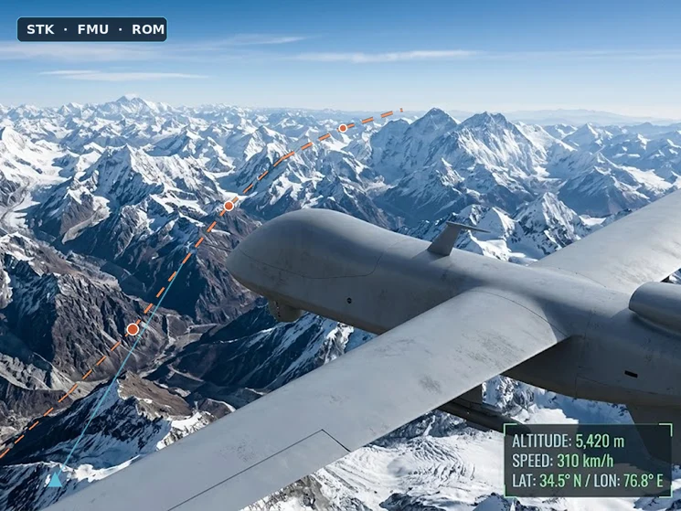 UAV over mountains with planned route, combining mission simulation with FMUs and reduced-order models